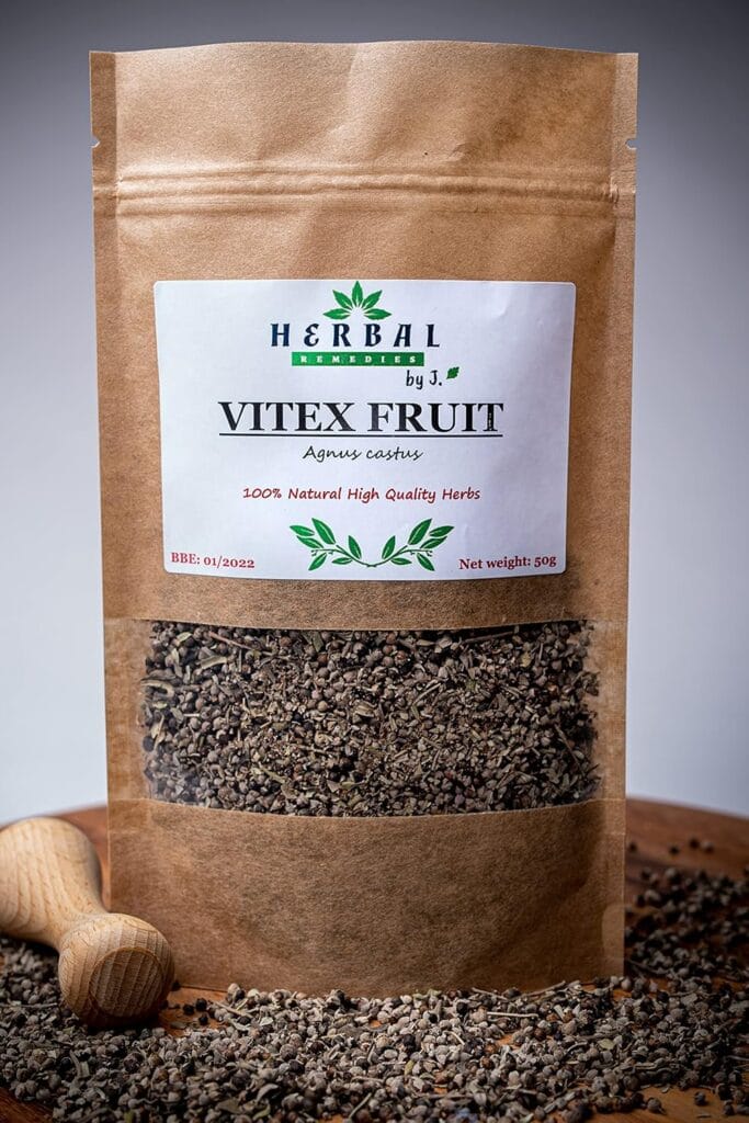 A package of dried Vitex fruit, also known as chasteberry, from the brand "Herbal Remedies by J.